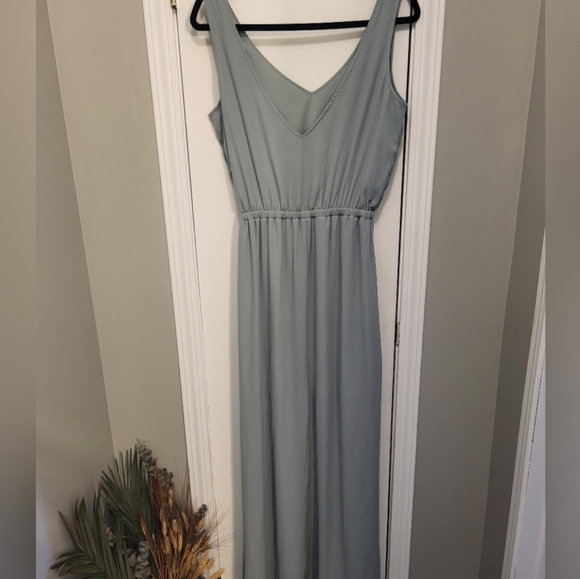 Show Me Your Mumu Kendall Maxi Dress V Neck Slit Blouson Silver Sage Blue Large - Picture 7 of 12